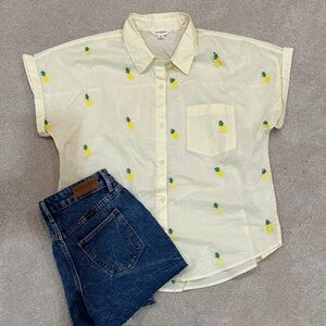 Lucky Brand Creamy Yellow Collared Shirt with Pineapples